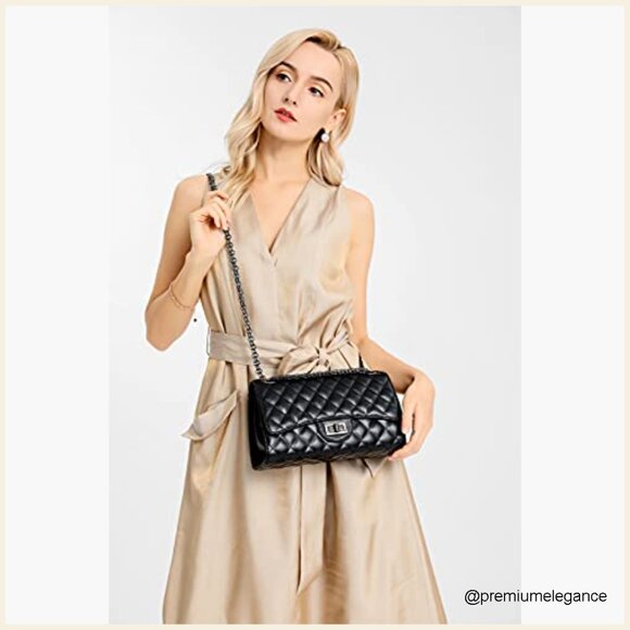 Quilted Crossbody Shoulder Bag with Chain Strap, Faux Leather, Medium Size - Picture 2 of 7